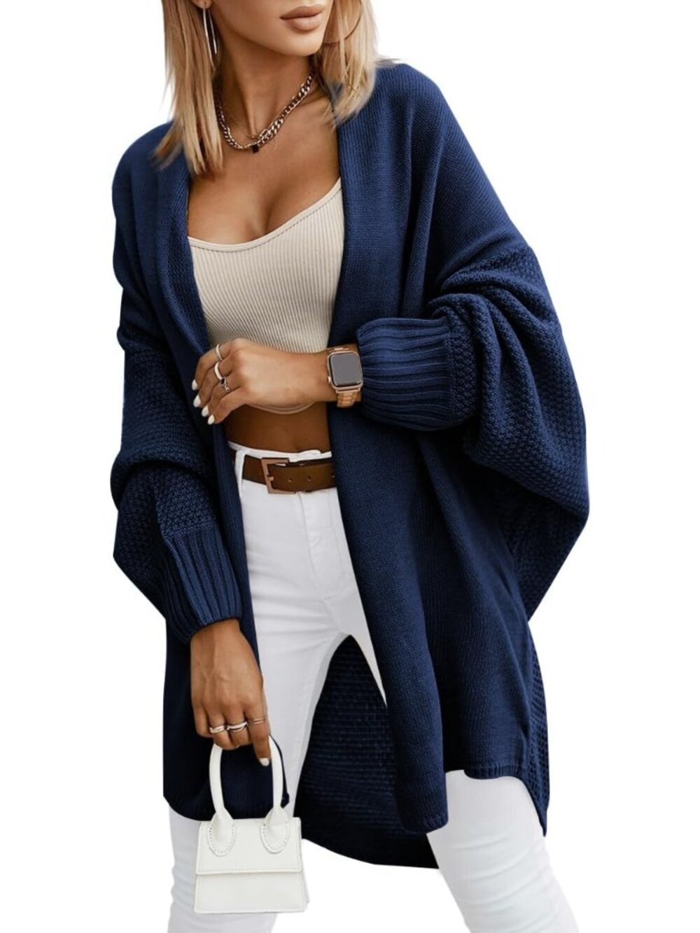Women Navy Blue Batwing Sleeve Soft Comfy Dressy Casual Long Open Front Clothes